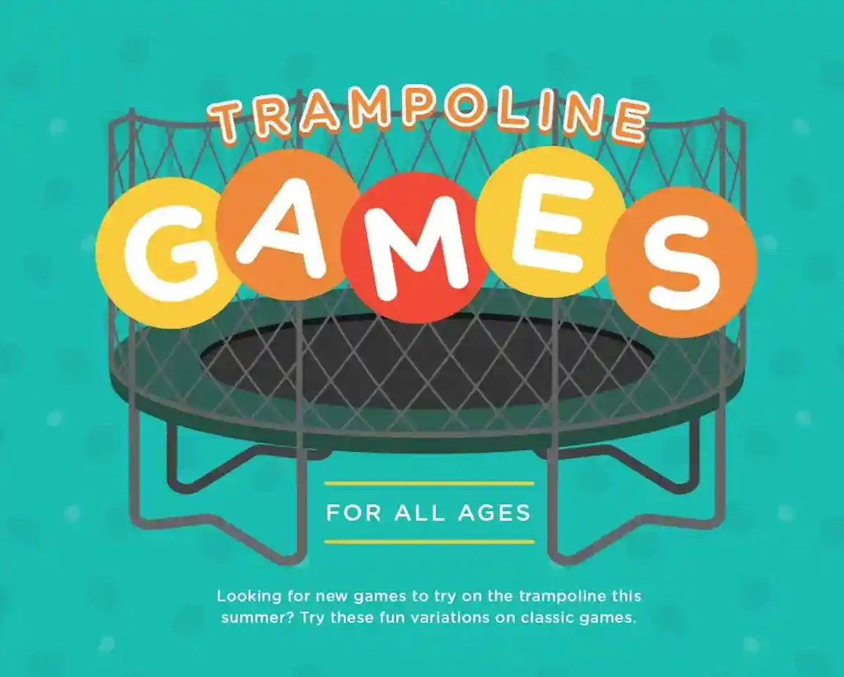 Infographic featuring fun trampoline games including hopscotch, taps, and jacks for kids of different ages.