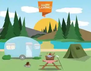 Illustration of a family camping scene with a camper, tent, campfire, picnic table, and lake surrounded by trees and mountains under a "Happy Camping" sign.