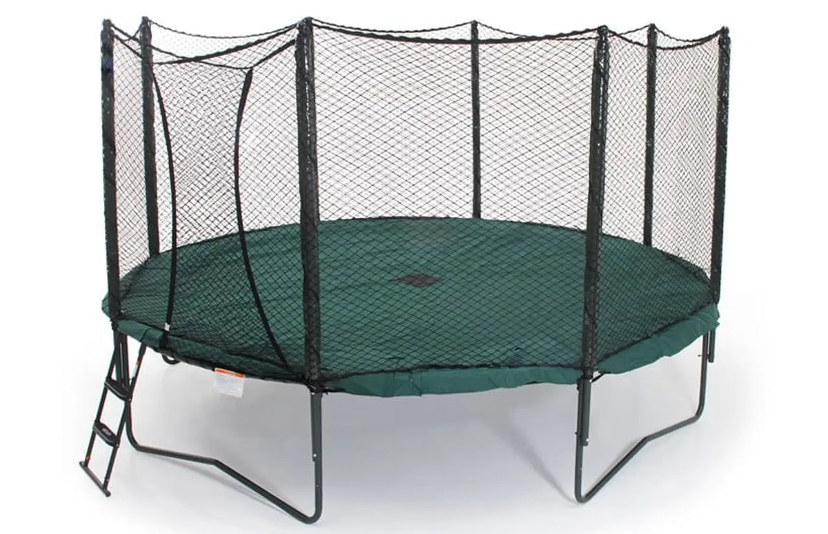 A weather cover on an AlleyOOP trampoline.The JumpSport trampoline weather cover guards your trampoline from harmful UV rays and keeps the temperature cooler on the mat! Protect your investment now.