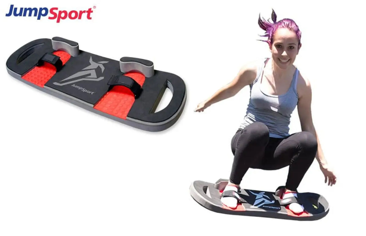 A girl bouncing on a BounceBoard. This is an exciting new accessory for backyard trampolines and water trampolines. Catch Air! The BounceBoard Extreme won't damage the trampoline. Tons of fun!