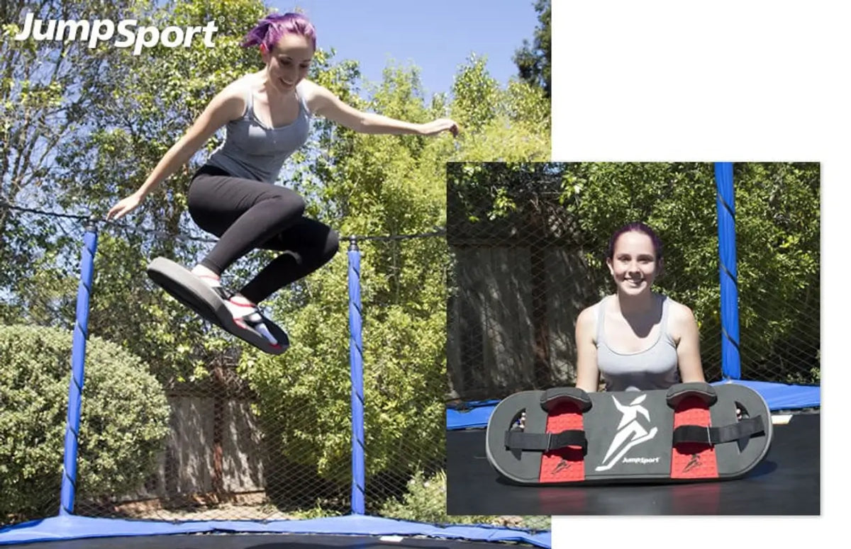 A girl displaying how to ride a BounceBoard on an AlleyOOP trampoline. This is an exciting new accessory for backyard trampolines and water trampolines. Catch Air! The BounceBoard Extreme won't damage the trampoline. Tons of fun!