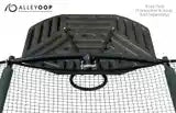 A black adapter truss fastened on a trampoline enclosure. Accessories like the basketball hoop and its adapter can improve motor skills, boost your balance, and encourage healthy competition for kids of all ages. 