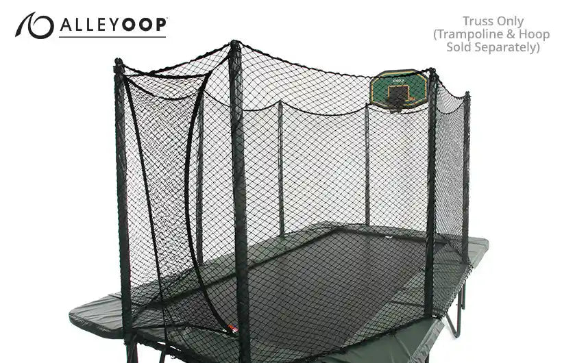 A wide view of a basketball hoop fastened on an AlleyOOP trampoline enclosure. Accessories like the basketball hoop and its adapter can improve motor skills, boost your balance, and encourage healthy competition for kids of all ages. 