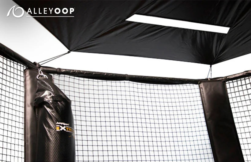 AlleyOOP trampoline sun canopy installed above the trampoline safety enclosure.
