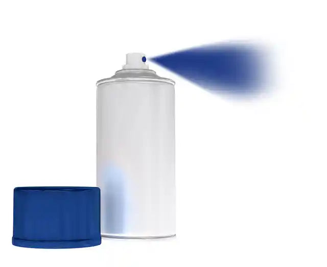 Spray paint can spraying dark blue paint. Looking for touch up paint for your AlleyOOP trampoline? Our elite dark blue trampoline touch up paint is perfect for fixing scrapes and marks.