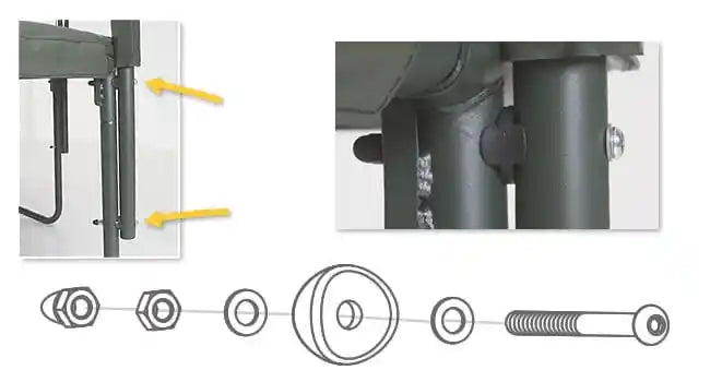 Diagram. These straight bolts secure JumpSport Elite and AlleyOOP Sports enclosure poles to the legs of the trampoline.