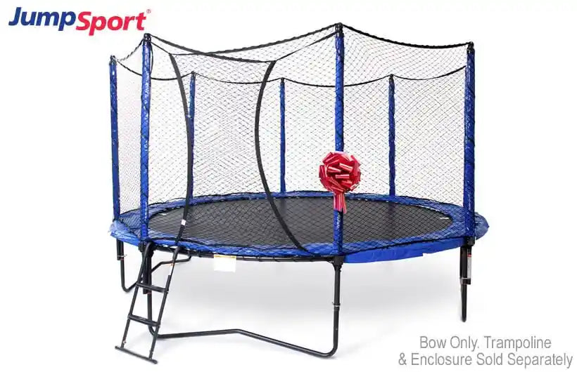 A blue AlleyOOP trampoline with a red bow on a pole. 