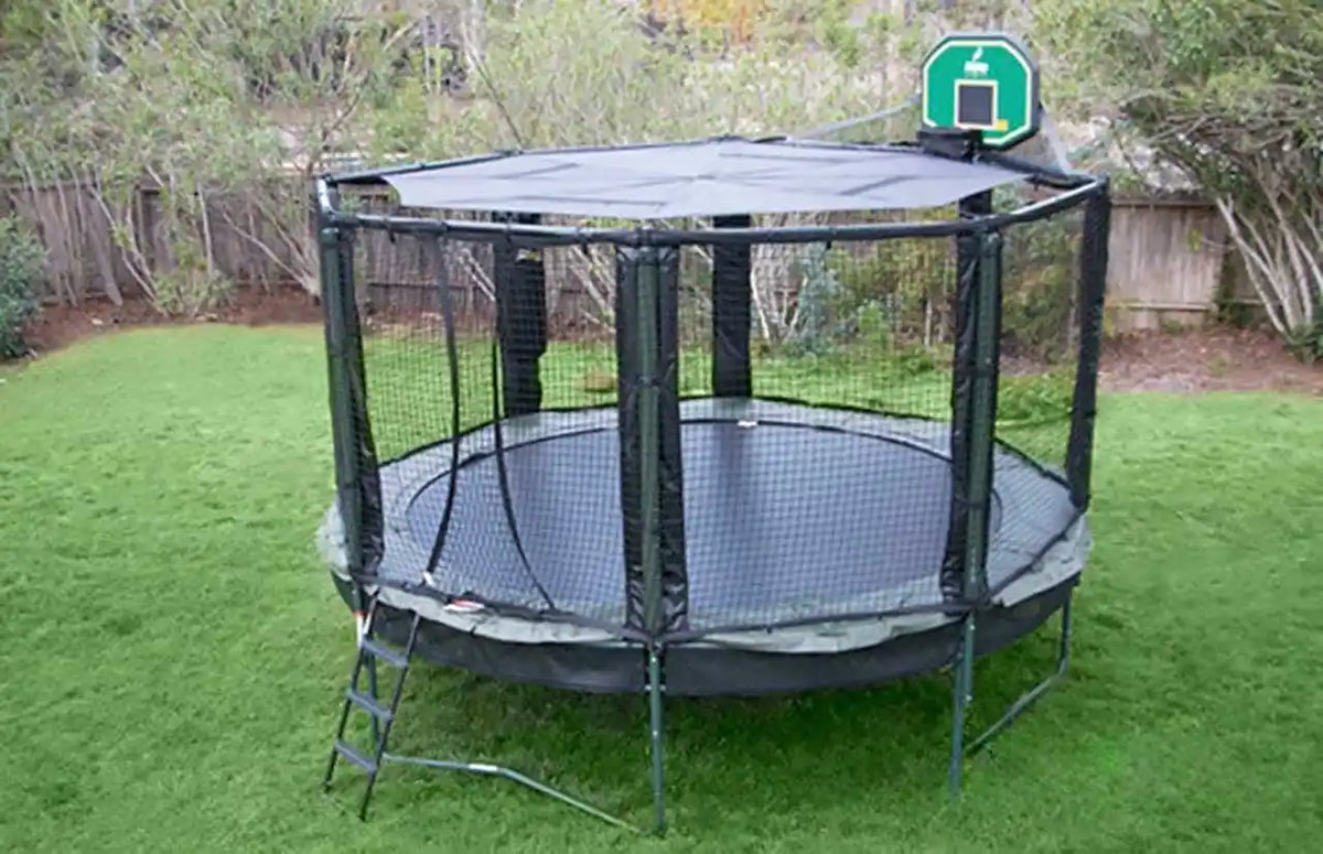 Canopy on a trampoline. Get a SunShade Trampoline Canopy to protect your kids from UV rays in addition to keeping the surface of the trampoline cooler and protected from leaves.
