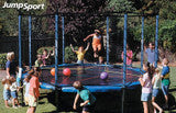 Kids playing a party game with the AlleyOOP party package. Our trampoline ball and game pack has over 20 creative trampoline games for multiple players. Kids can develop stamina, agility and more with trampoline games!