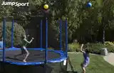 Kids playing a party game with the AlleyOOP party package. Our trampoline ball and game pack has over 20 creative trampoline games for multiple players. Kids can develop stamina, agility and more with trampoline games!