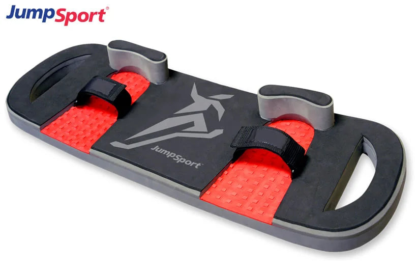 JumpSport trampoline BounceBoard accessory with foot straps and handles.