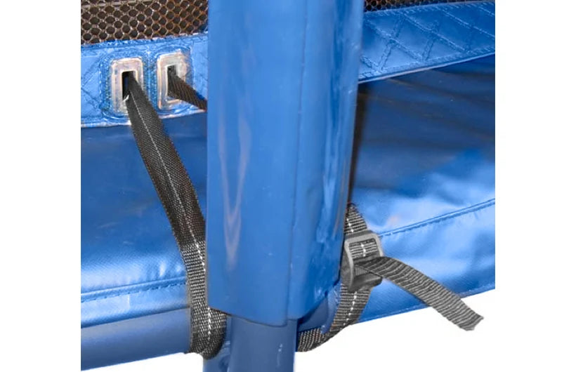 JumpSport trampoline long safety strap secured around the padded frame post.
