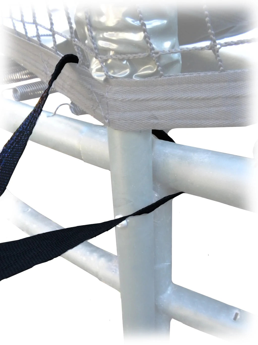JumpSport short safety strap secured around the trampoline frame and enclosure.