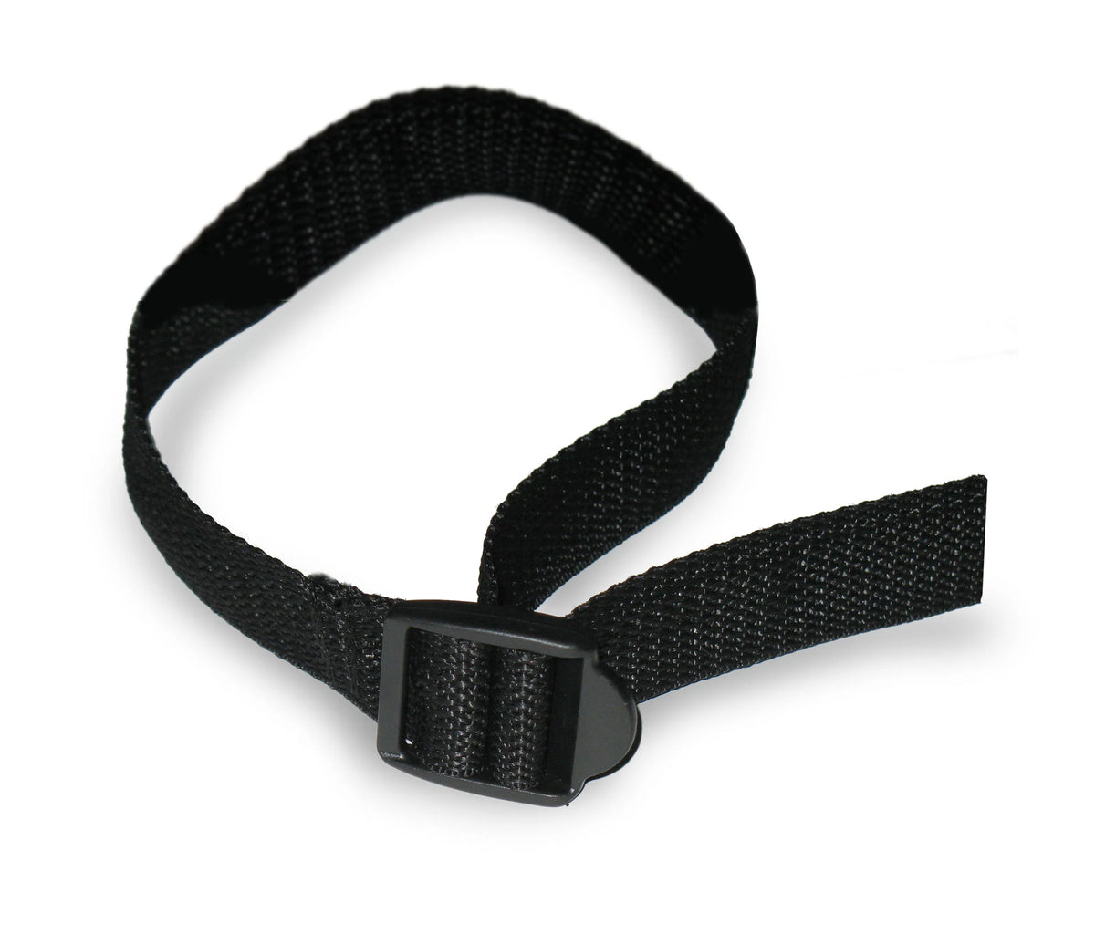 JumpSport black adjustable short trampoline safety strap with buckle.
