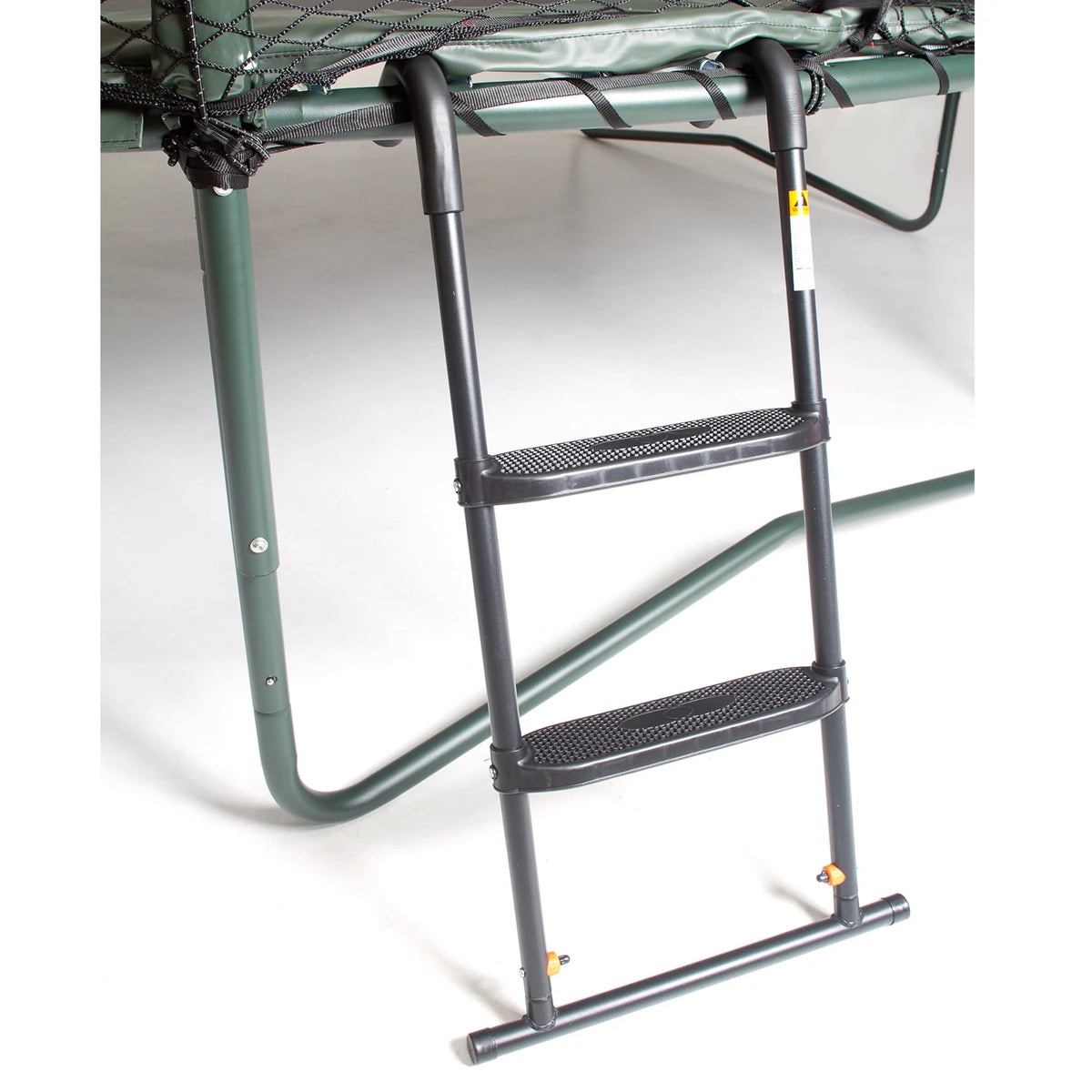 JumpSport two-step trampoline ladder installed on the trampoline frame with textured steps and curved top hooks.