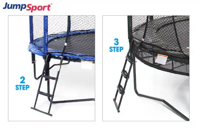 Comparison between 2-step ladder and 3-step ladder. The JumpSport SureStep trampoline ladder makes it safe and easy to step up to the fun! These trampoline accessories are available with two or three steps.