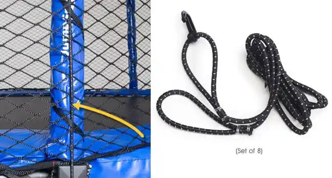 Diagram. Each 6’ bungee goes from the top to the bottom of the JumpSport safety enclosure pole. Includes eight 6 ft bungees with a loop at each end and a hook at one end