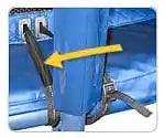 Diagram. Set of eight 35.5” long net straps for securing a JumpSport Elite enclosure net around the legs/poles of a JumpSport trampoline. Straps have a buckle on one end. 