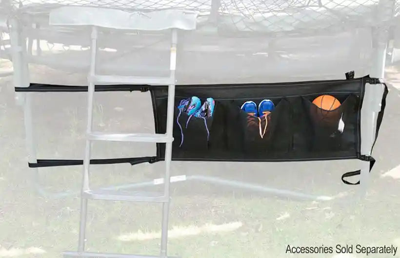 A demonstration of a shoe bag holding sneakers and a basketball on the outside of an AlleyOOP trampoline. Great for storing shoes and items with heavy duty straps.