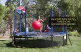 Kids playing on an AlleyOOP trampoline with a safety skirt underneath. Keep your pets and kids out from underneath your trampoline with a JumpSport Trampoline Safety Skirt.
